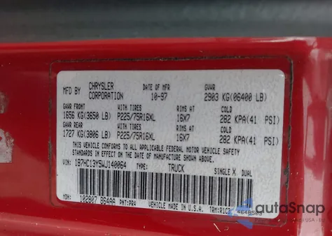 1998 Dodge Ram 1500 St from USA, damaged, VIN 1B7HC13Y5WJ140064